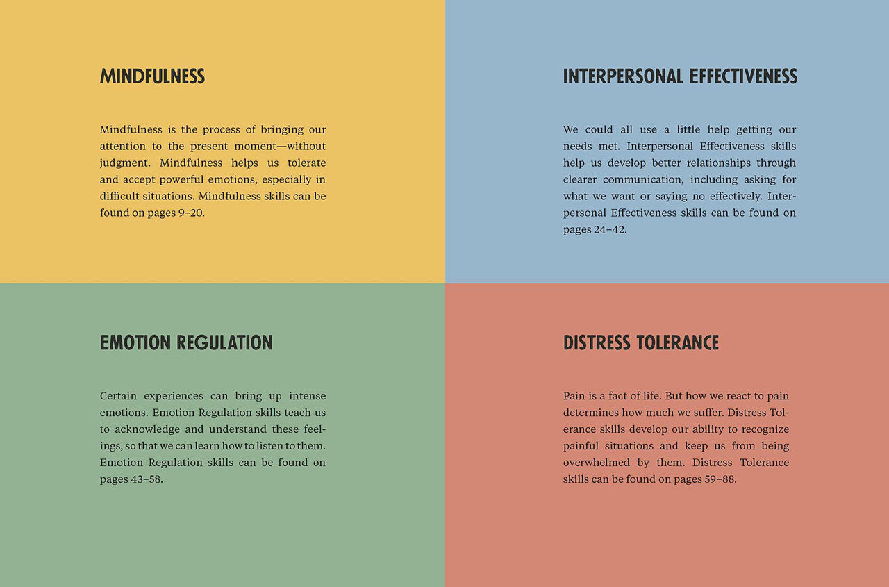 The Game of Real Life color-blocked chart detailing mindfulness, emotion regulation, and distress tolerance skills.