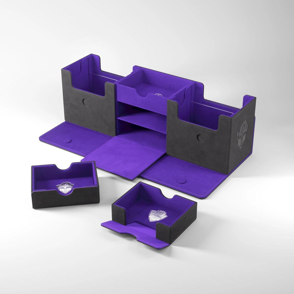 Tolarian Academic 266+ XL Deckbox in black and purple with compartments and trays for storing cards and accessories.