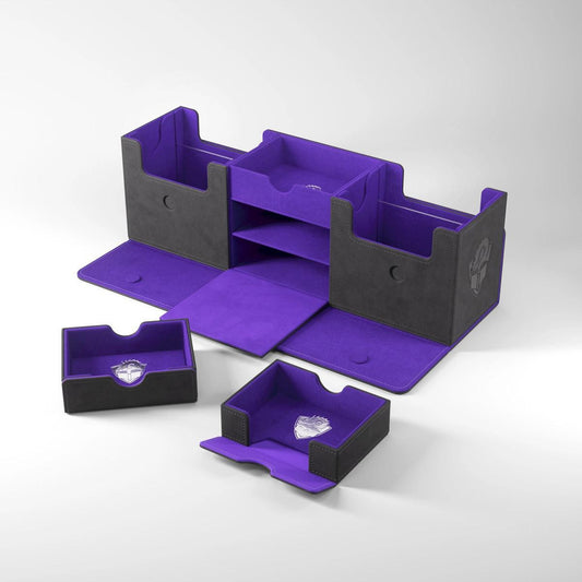 Tolarian Academic 266+ XL Deckbox in black and purple with compartments and trays for storing cards and accessories.