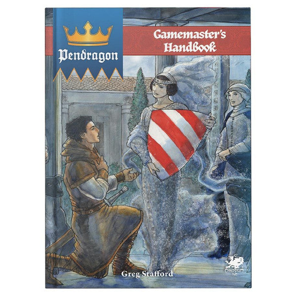 Pendragon: Gamemaster’s Handbook cover featuring a knight kneeling to a woman with a striped shield, Arthurian style.