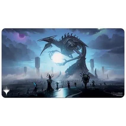 Blue Suns Twilight Playmat (ONE) for MTG featuring a giant mechanical creature over a futuristic city.