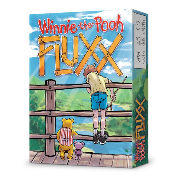 Hundred Acre Wood (Winnie the Pooh) Fluxx game featuring Pooh, Piglet, and Christopher Robin by a pond on a wooden bridge.