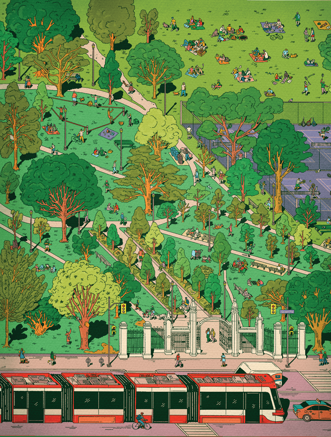 Trinity Bellwoods 1000-piece puzzle with Kathleen Fu’s illustration of people, a tram, and cyclist at park entrance.