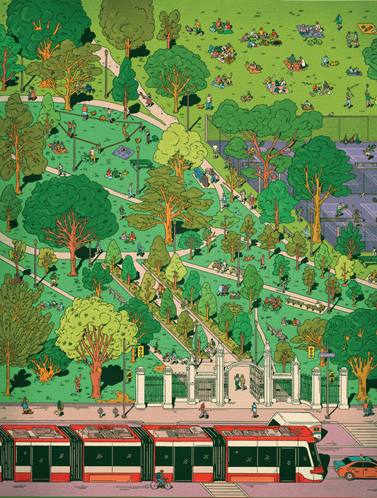 Trinity Bellwoods 1000-piece puzzle with Kathleen Fu’s illustration of people, a tram, and cyclist at park entrance.
