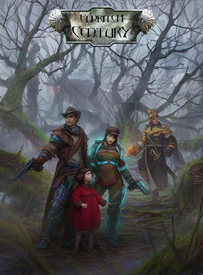 Eldritch Century - Almanac and Expeditions sci-fi horror RPG featuring four adventurers and a child in a misty forest.