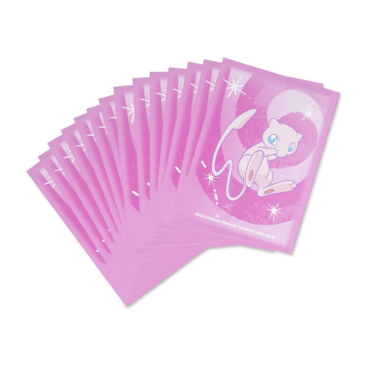 Set of 65 pink Pokémon Mythical Mew card sleeves with star and crescent moon design.