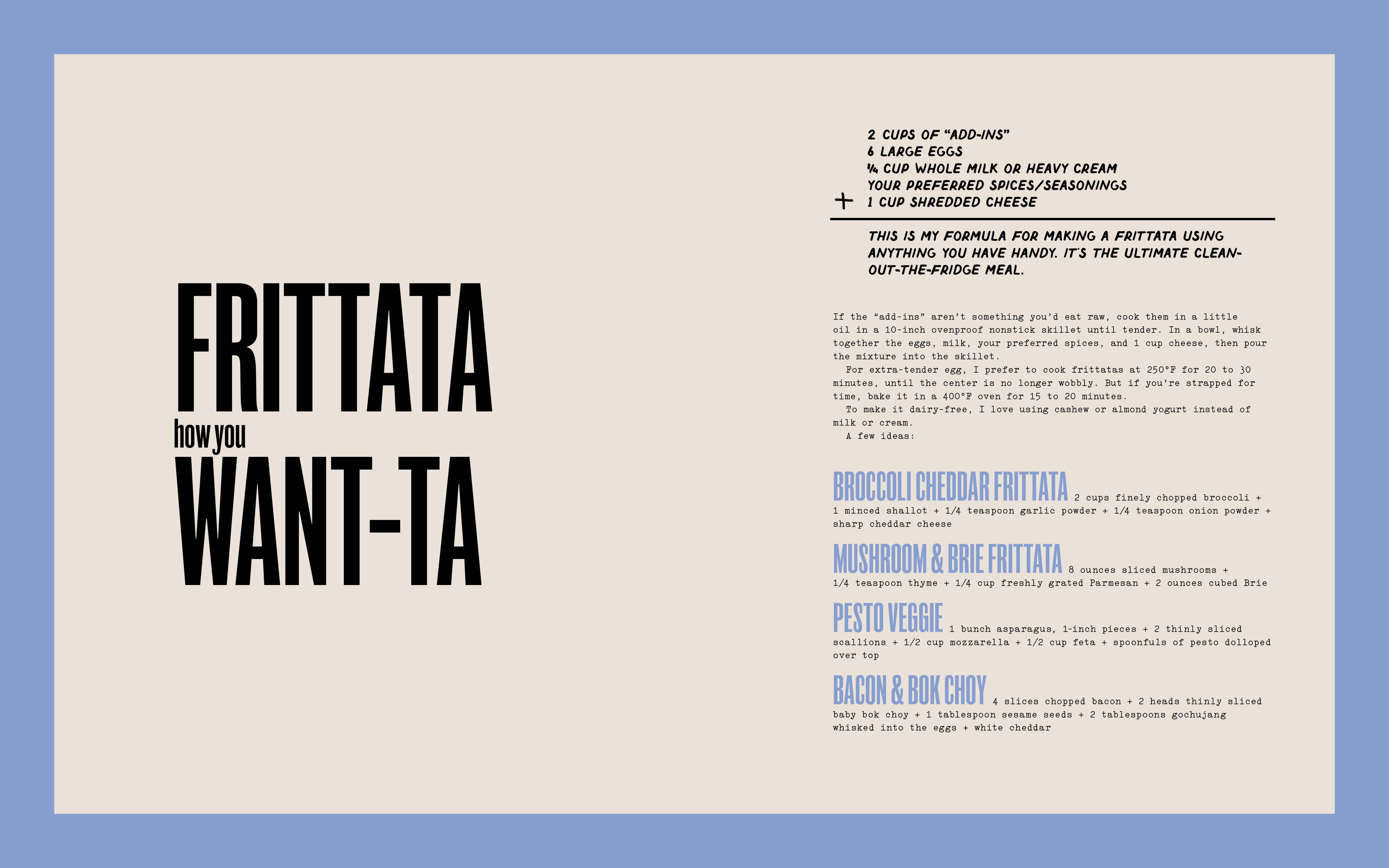 What To Cook When You Dont Feel Like Cooking recipe page showing frittata ingredients and quick meal ideas on beige.