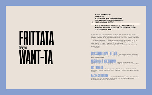 What To Cook When You Dont Feel Like Cooking recipe page showing frittata ingredients and quick meal ideas on beige.