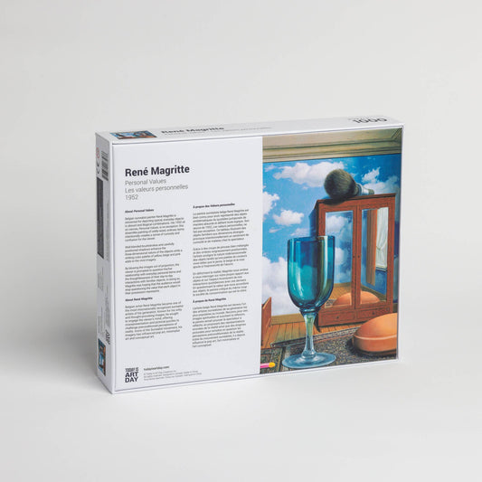 Back of René Magritte Personal Values puzzle box featuring Belgian surrealist art and painting details.