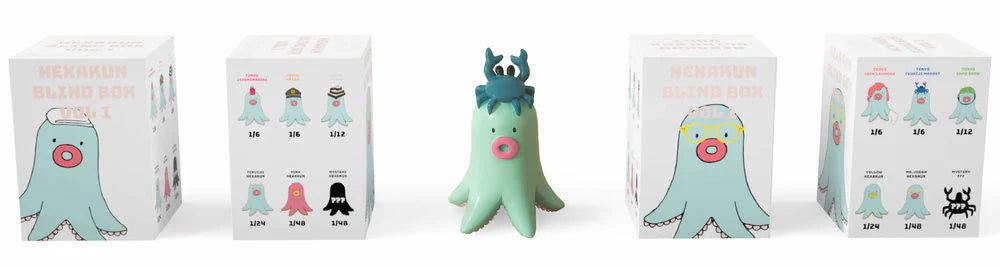HEXAKUN BLIND BOX mint-green octopus toy with teal antlers.