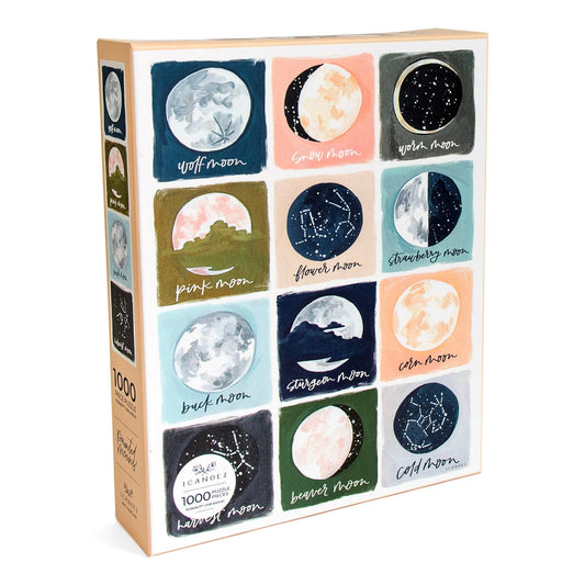 Painted Moons 1,000 Piece Jigsaw Puzzle with lunar and constellation artwork.
