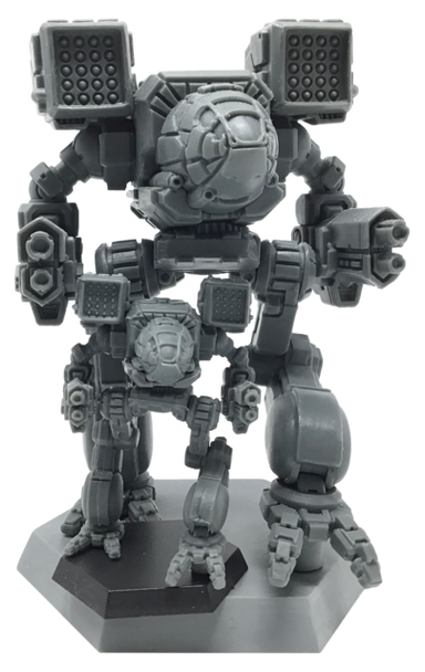 Two gray Battletech 100mm Timberwolf miniatures with bulky armor and weapons on hexagonal bases.
