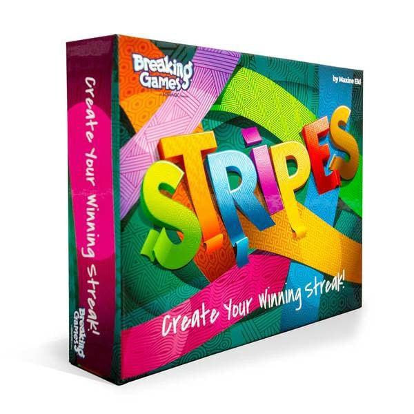 Stripes strategy card game with action tiles in a colorful box.