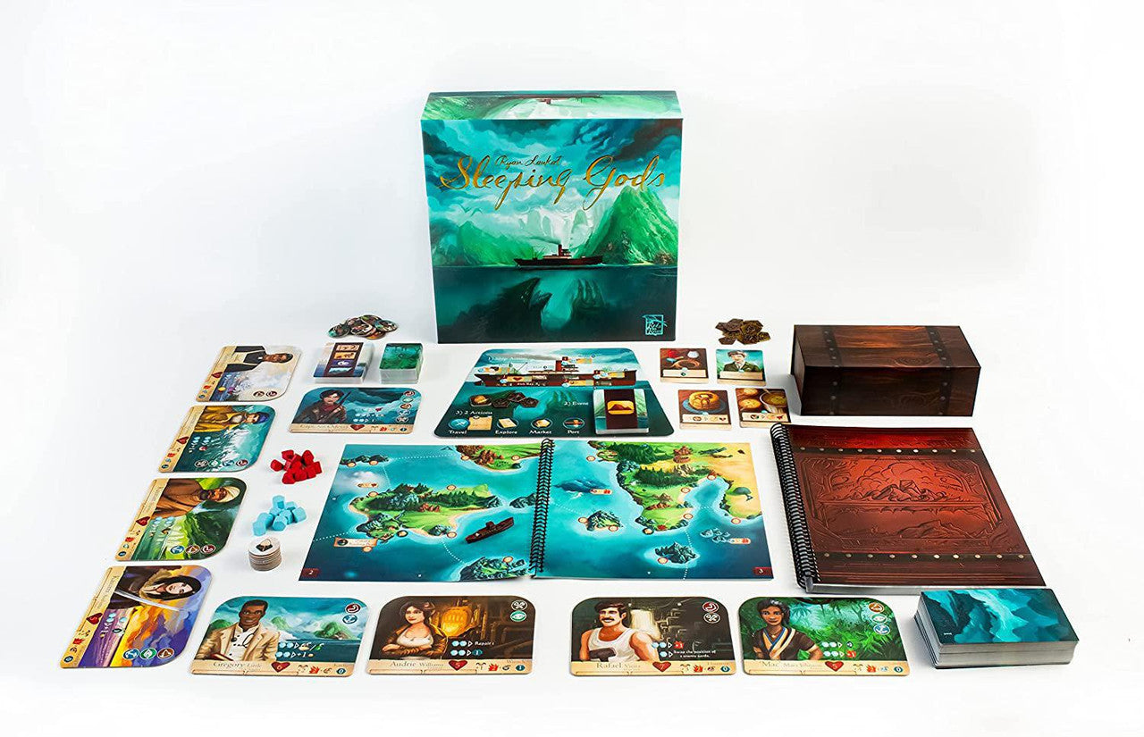 Sleeping Gods board game with cards, maps, tokens, and character boards displayed on a white surface.
