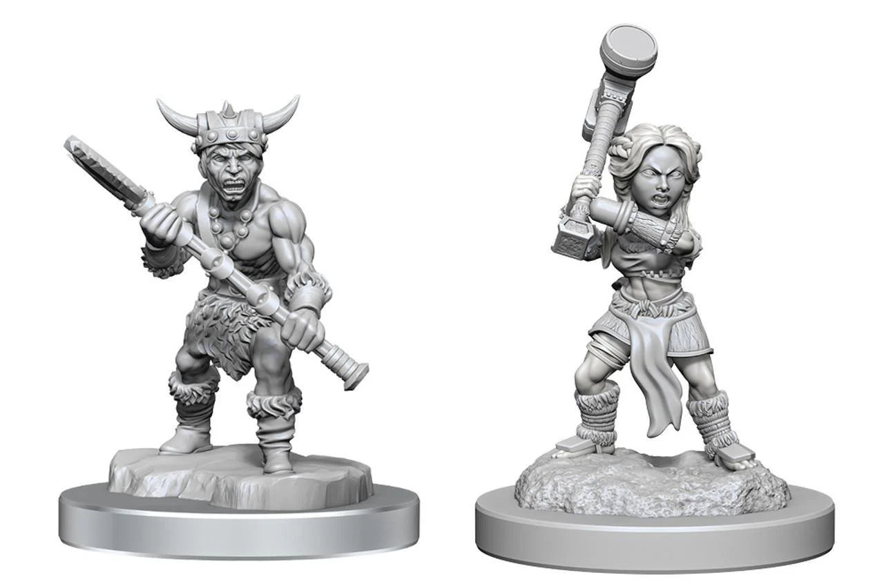 D&D: NMU Halfling Barbarians W18 miniatures—one horned club warrior and one female with a large hammer.