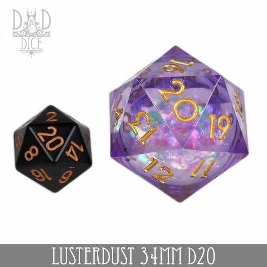 34mm D20 Lusterdust die, large purple liquid core with gold numbers and countdown feature.