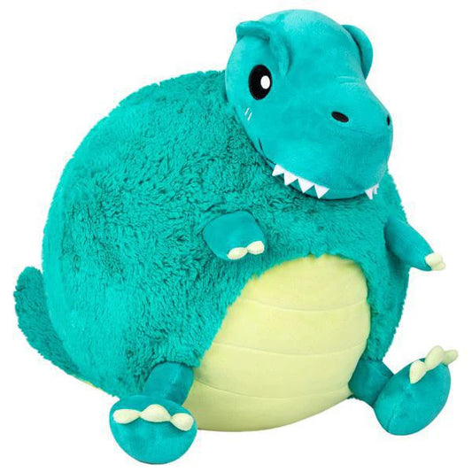 T-Rex II plush toy, round and teal with a yellow belly and small arms, featuring a smiling face.