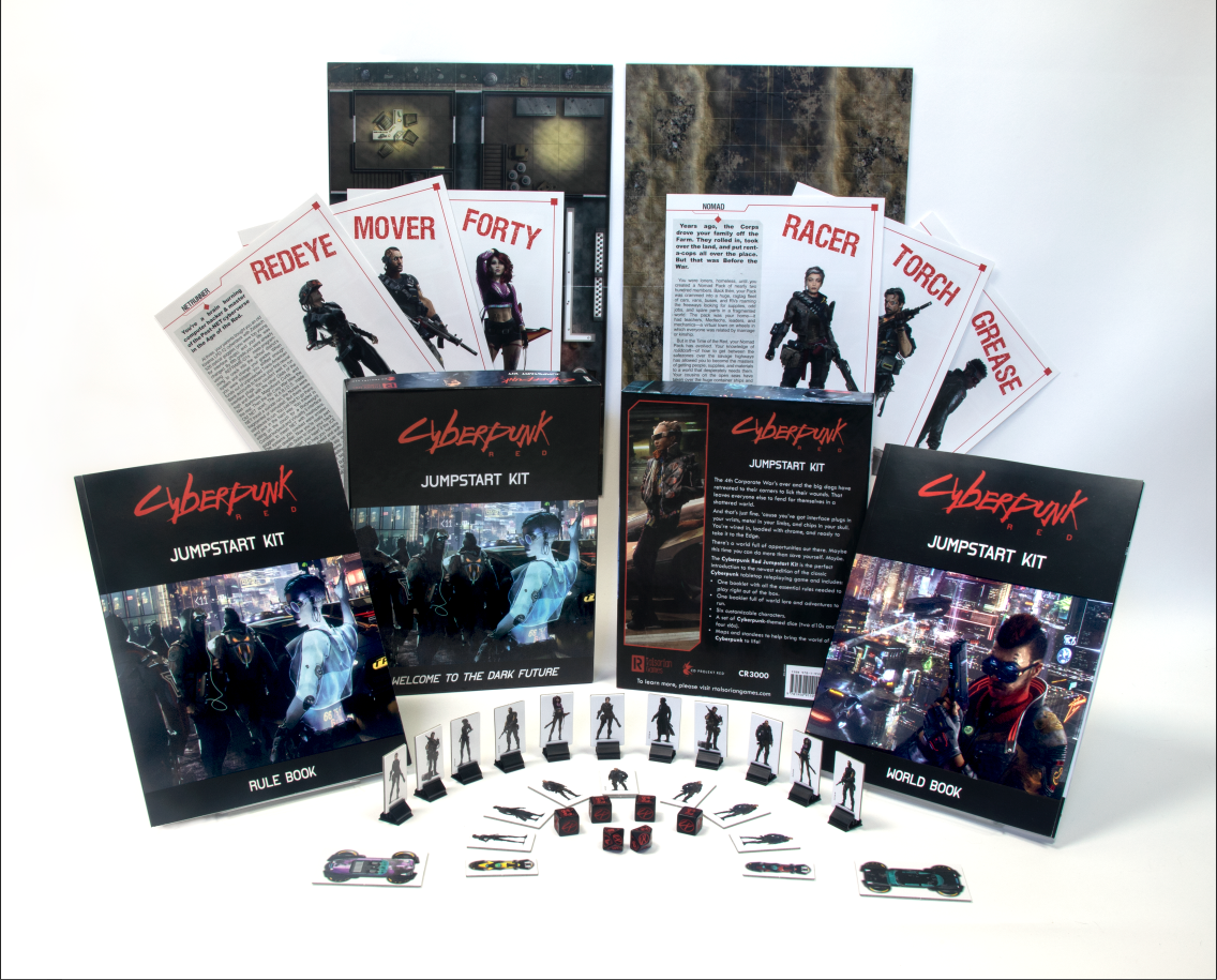 Cyberpunk Red RPG Jumpstart Kit with rulebooks, character sheets, tokens, and mini standees for tabletop play.