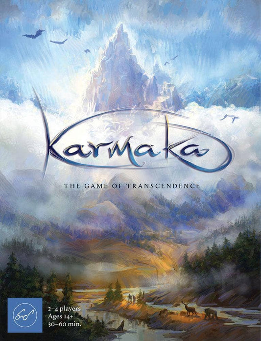 Karmaka card game for 2-4 players, ages 14+, playtime 30-60 minutes. Box shown with mountain and blue sky artwork.