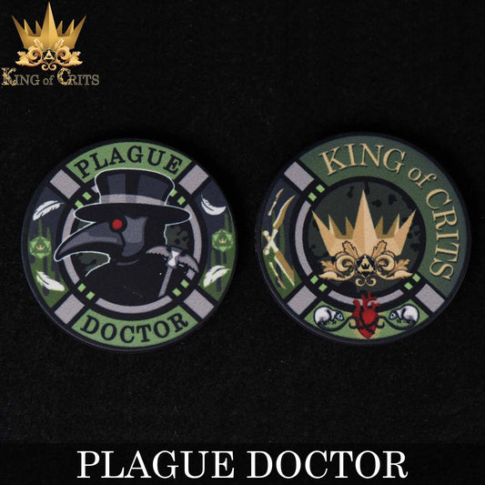 Two round pins: one with a Plague Doctor dice design, one gold crown labeled King of Crits.