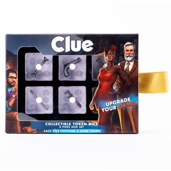 Clue 22mm Dice Set: six oversized d6 featuring weapon icons and character illustrations in a box.