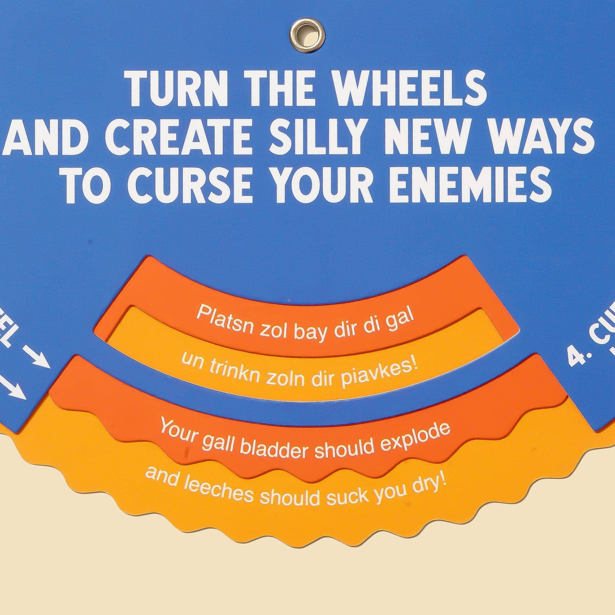 The Yiddish Curse Generator product displaying folk curses on a blue and orange background.