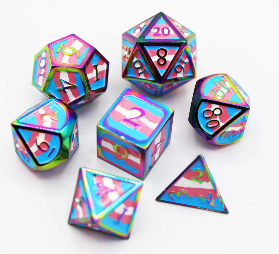 Seven metal dice in Transgender Flag colors.