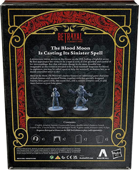 Back of Betrayal at House on the Hill 3E: The Werewolfs Journey Blood on the Moon box showing game details and miniatures.