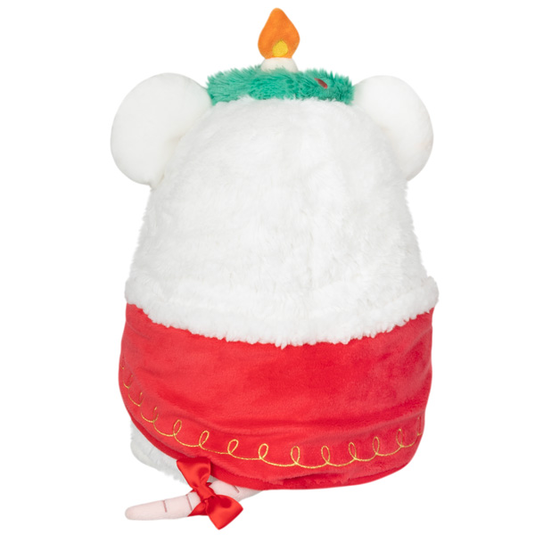 Festive Mouse Mini Squishable plush, white mouse with red cape and candle on head, viewed from the back.
