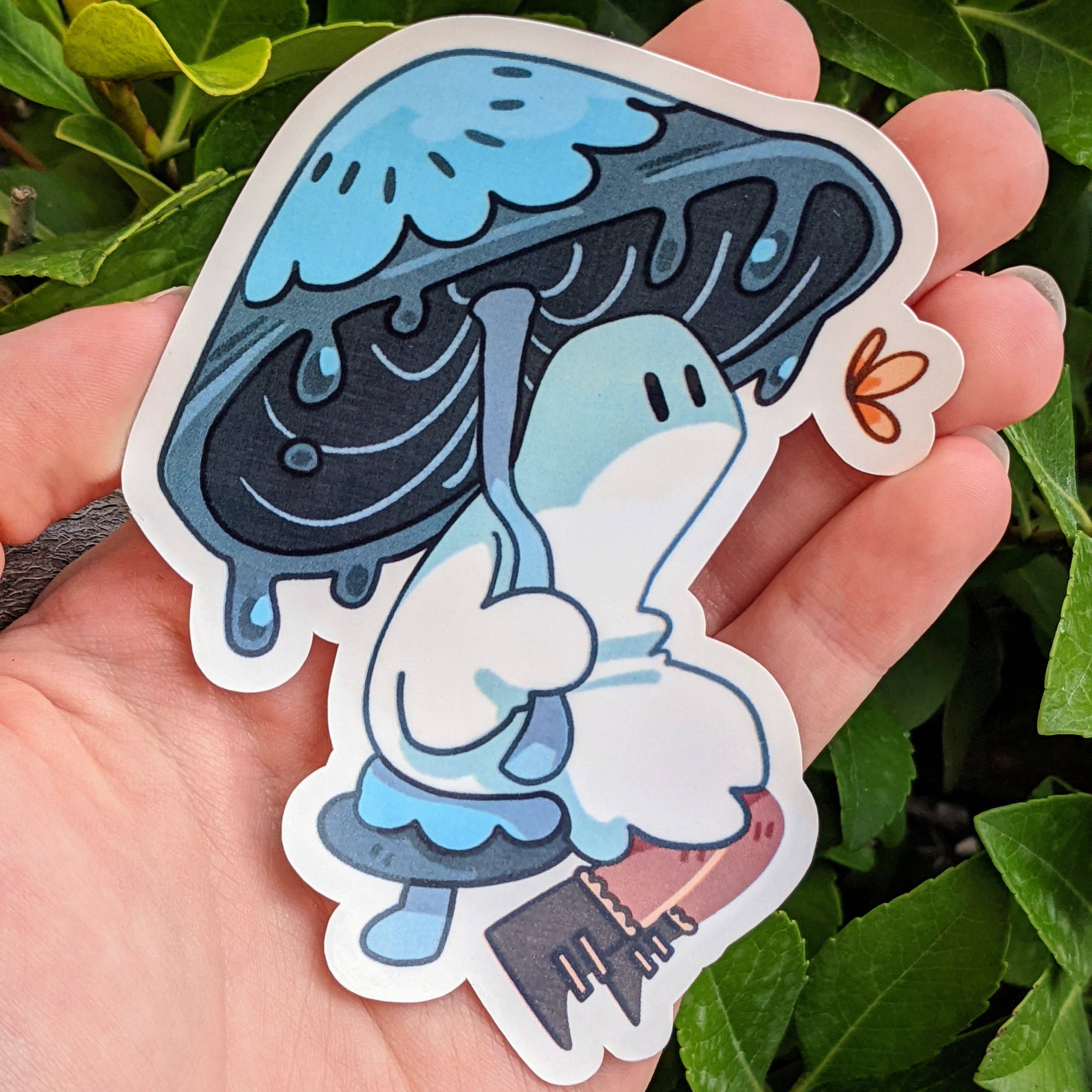 Cute Ghost Stickers V6, showing a mushroom ghost with a blue cap and an orange butterfly, held in a hand.