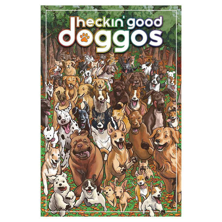 Heckin Good Doggos animal adventure game, illustrated with dogs running.
