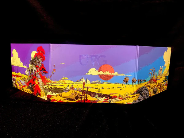 The Ultraviolet Grassland Referees Screen showing ruins, a red sun, clouds, and machines.