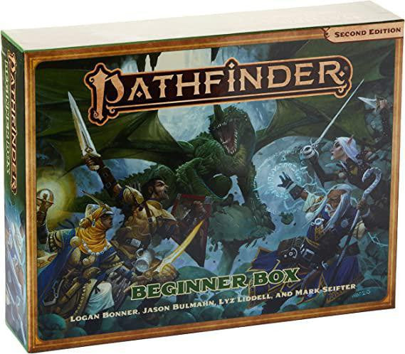 Pathfinder RPG 2e: Beginner Box with cover art of heroes battling a green dragon.