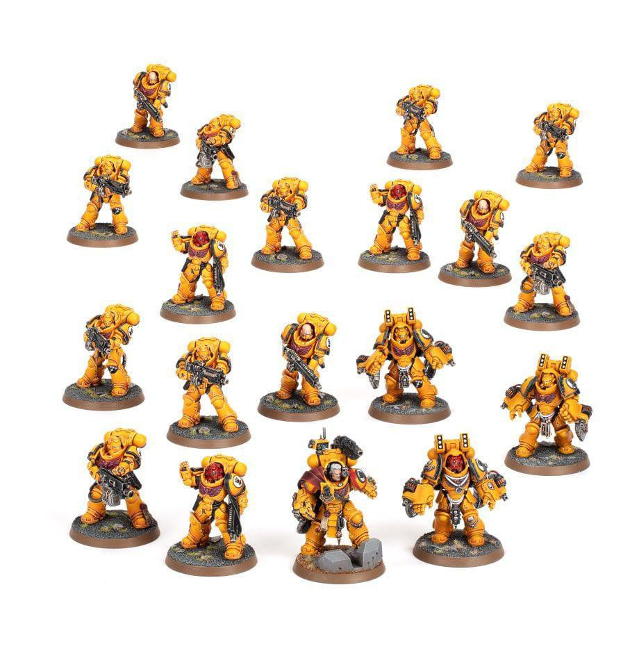 Seventeen Imperial Fists Bastion Strike Force yellow-armored models displayed on a white background.