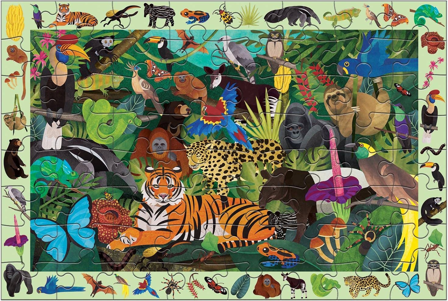 Rainforest Search & Find Puzzle featuring jungle animals, birds, and plants in greenery.