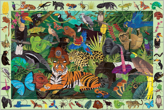 Rainforest Search & Find Puzzle featuring jungle animals, birds, and plants in greenery.
