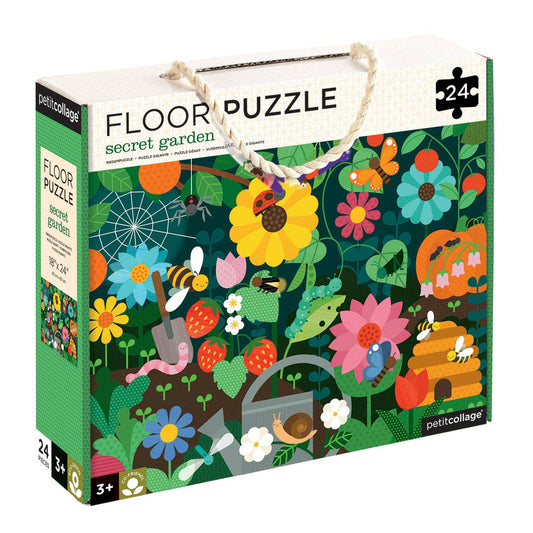 Secret Garden 24-Piece Floor Puzzle showing wildlife, flowers, insects, bees, spiders, and a beehive scene.