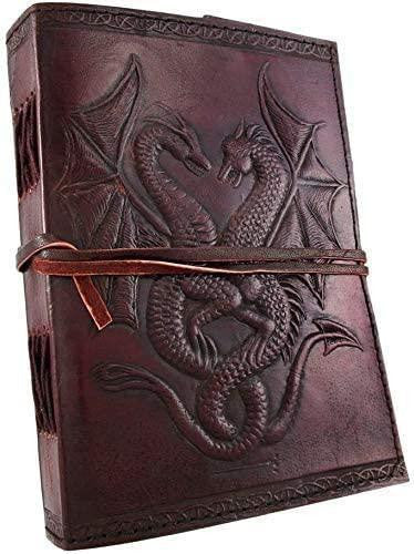 Azure Green Double Dragon Journal, 8x6 inches, brown with clasps, embossed dragons, handmade paper pages.