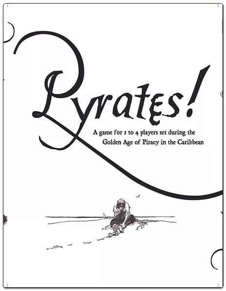 Pyrates board game box, black and white cover, 1-4 players, Golden Age of Piracy theme.