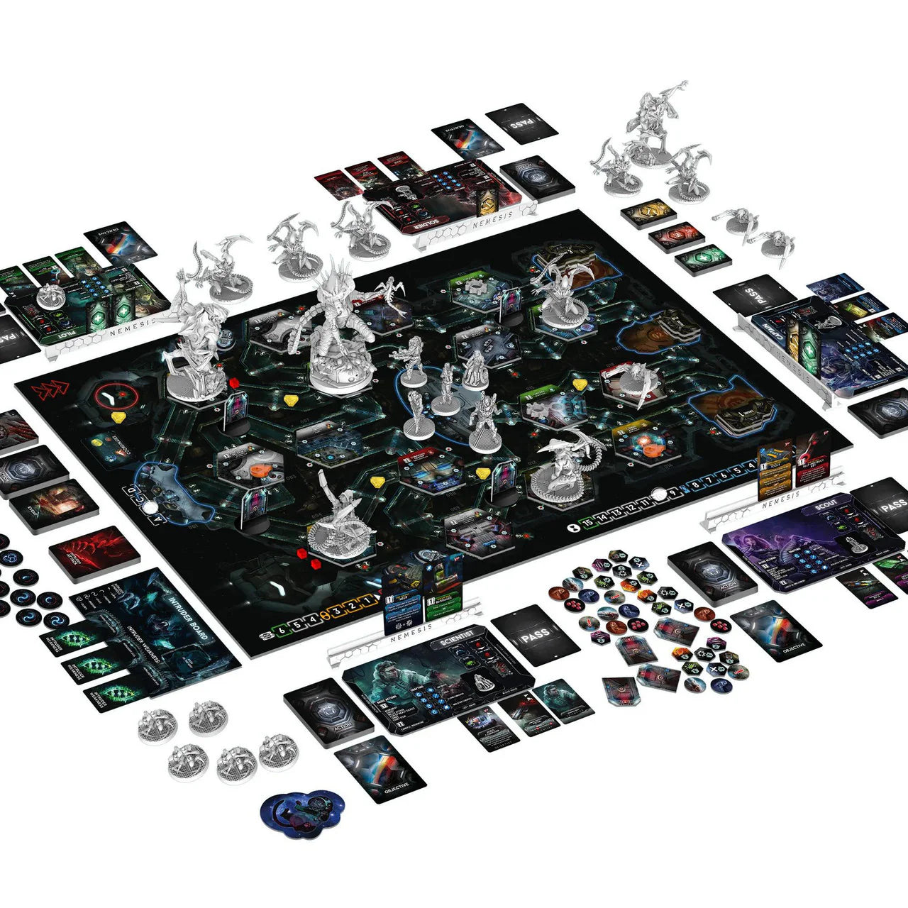 Nemesis board game with sci-fi horror theme, includes miniatures, cards, and dice set on an alien-infested spaceship.