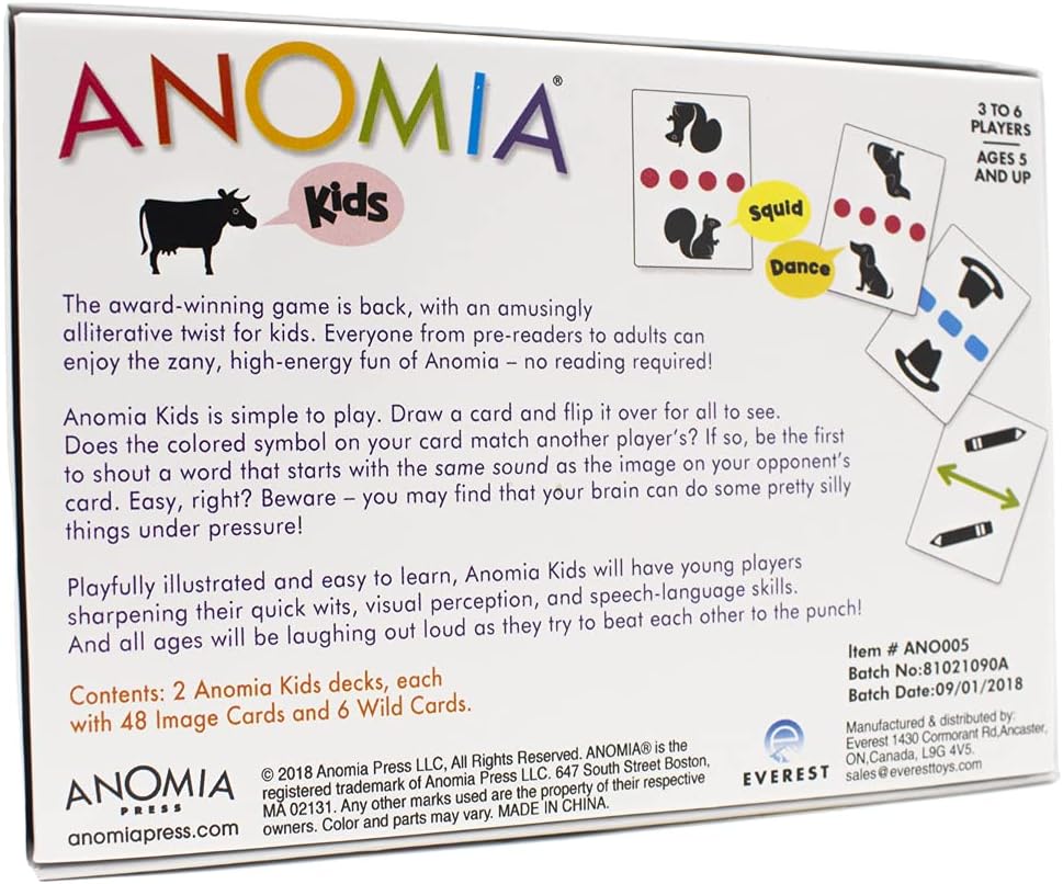 Anomia Kids card game, colorful box with cow, promotes speech and language skills.