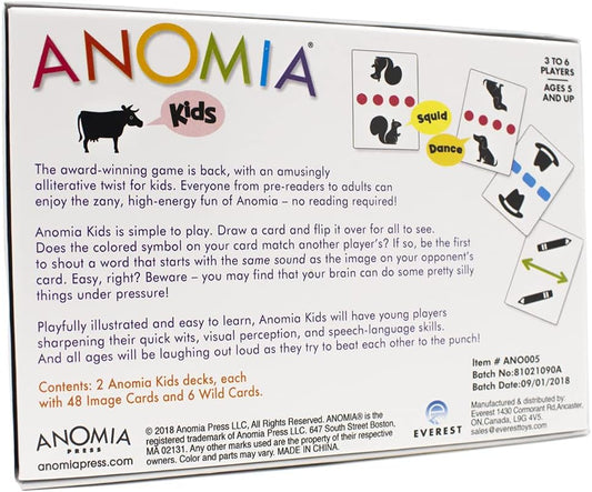 Anomia Kids card game, colorful box with cow, promotes speech and language skills.