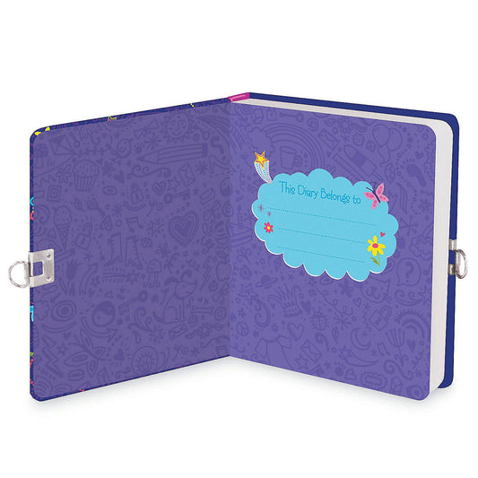 Open Diary: Glow In The Dark: Secrets, Dreams, Wishes with purple inner cover and ownership label.