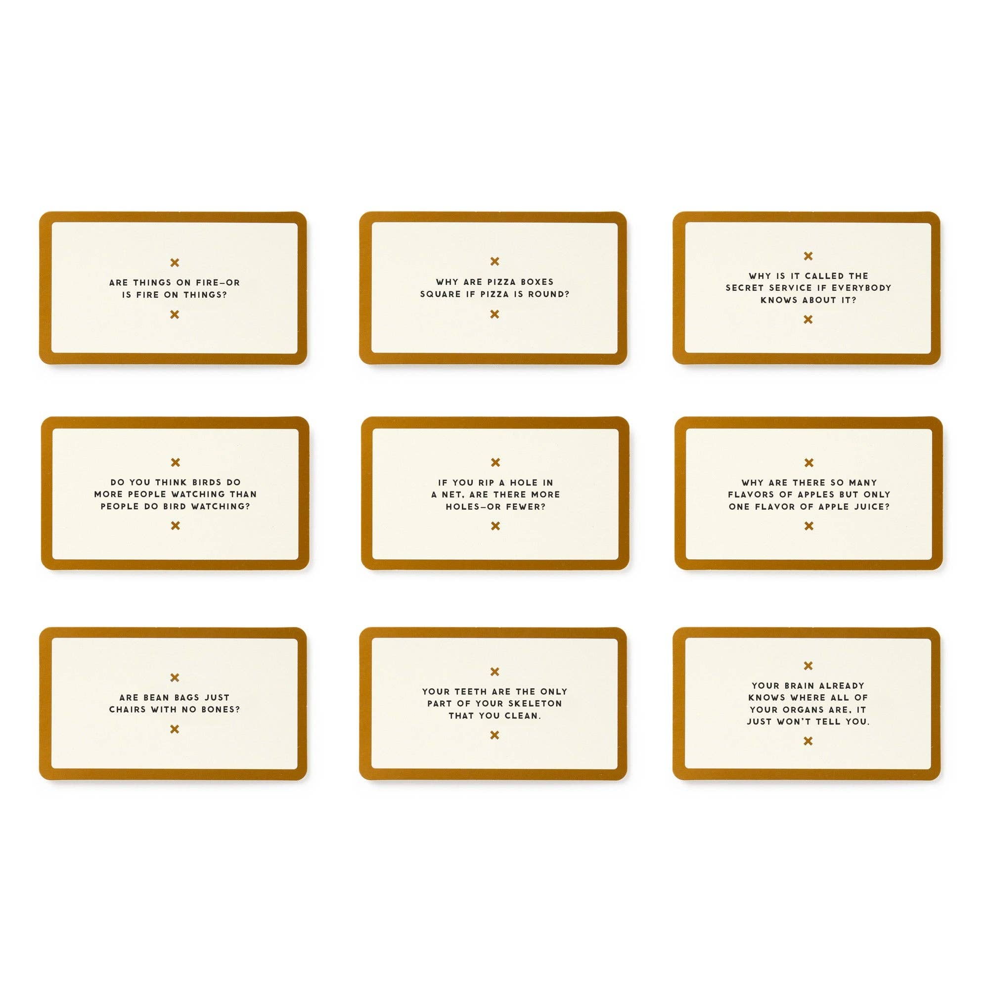 Brass Monkey Stoner Thoughts set with 9 brown-bordered cards featuring quirky questions.