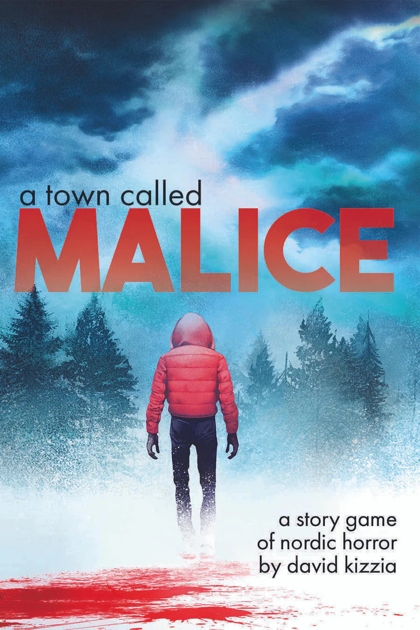 A Town Called Malice RPG displayed with a person in a red jacket in snowy woods under a dramatic sky.