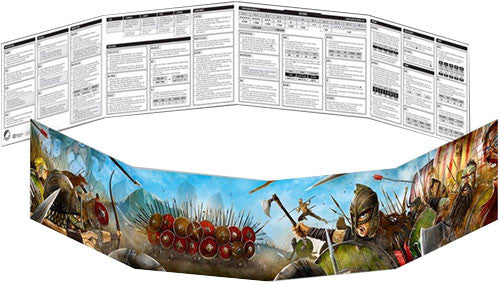 The North Sea Epilogues GMs Screen, folding screen with fantasy art and RPG game reference sheets.