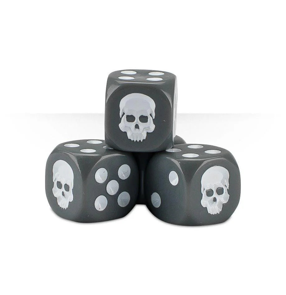 Three Warhammer 12mm grey dice with white dots and skull symbols.