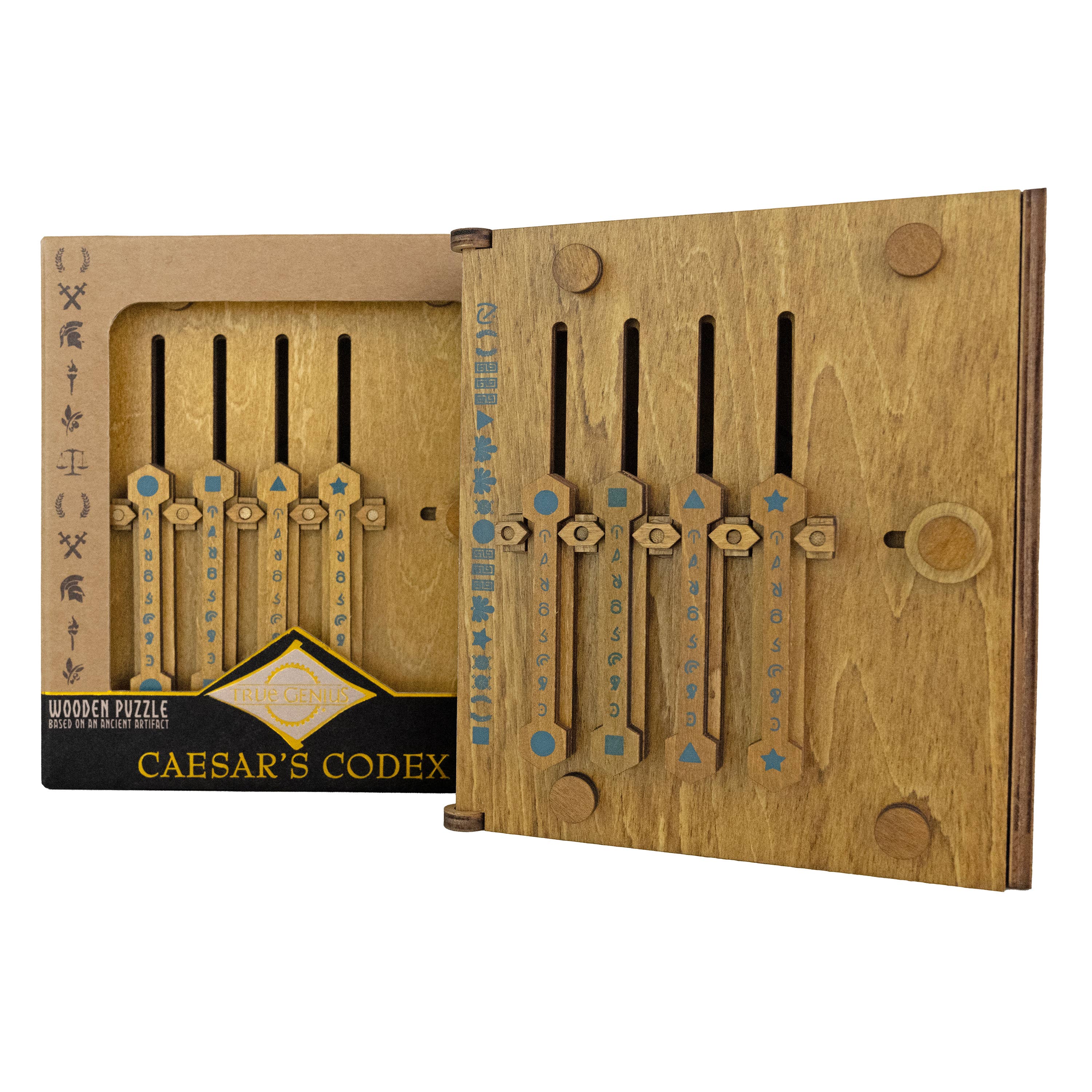 True Genius Caesars Codex Secret Puzzle Box with sliding letter dials and symbols on a hinged board.