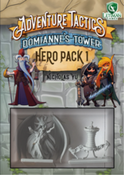 Adventure Tactics Domiannes Tower Hero Pack box with new classes and two game miniatures shown.