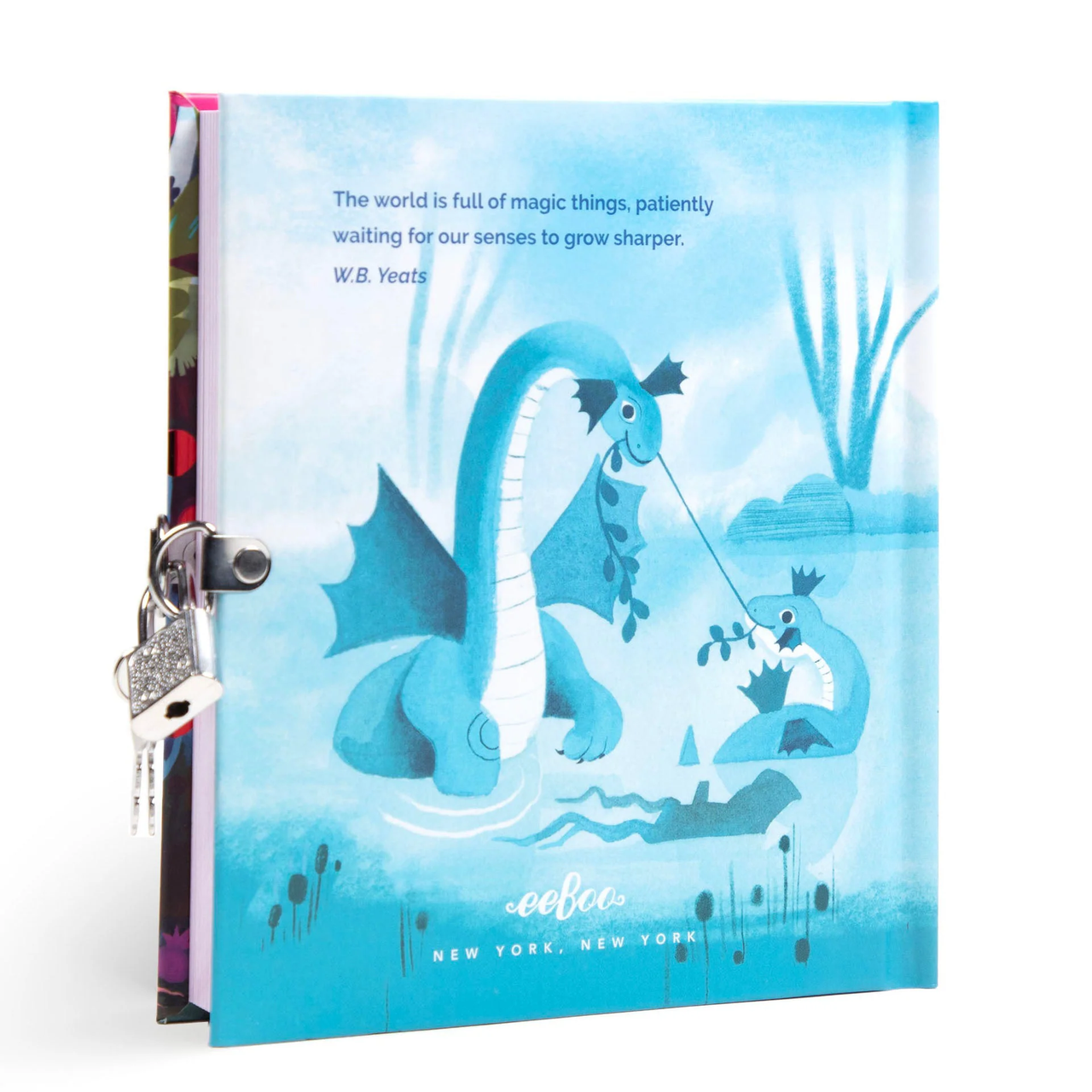 Magical Creatures Journal with blue dragons, W.B. Yeats quote, foil stamping, silver lock, and keys.